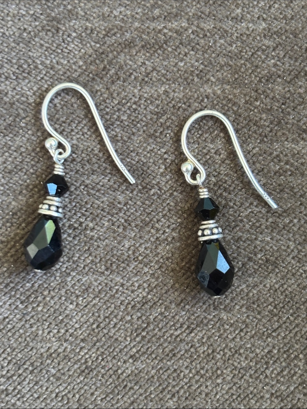 .925 Sterling Silver Black Faceted Teardrop Dangle Earrings with Silver Accents